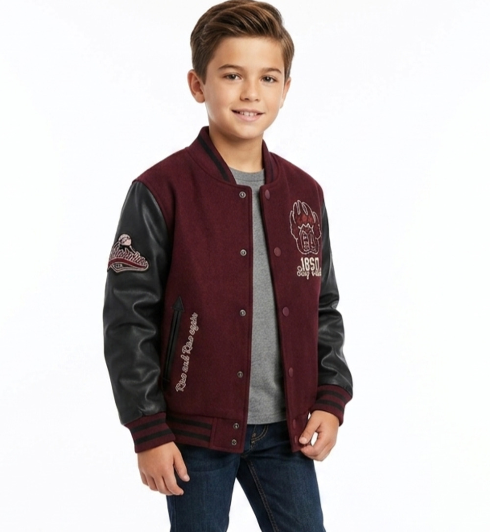 Ring of Fire Boys Varsity Jacket Med Burgundy Black Faux Leather Sleeve CA Bear